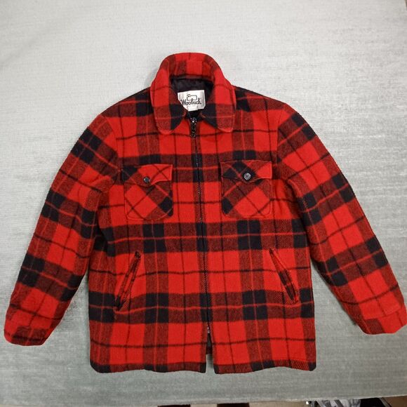 Vintage Woolrich Jacket Mens M L Red Buffalo Plaid Full Zip Heavyweight Outdoor